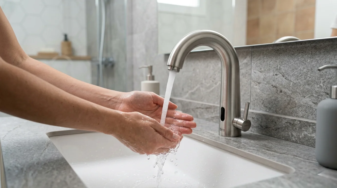 Fotografía de grifo de lavabo con sensor en acabado cromo cepillado, manos bajo el caño activando el sensor sin tocar el grifo, agua cayendo en chorro continuo, lavabo blanco empotrado en encimera de porcelánico gris