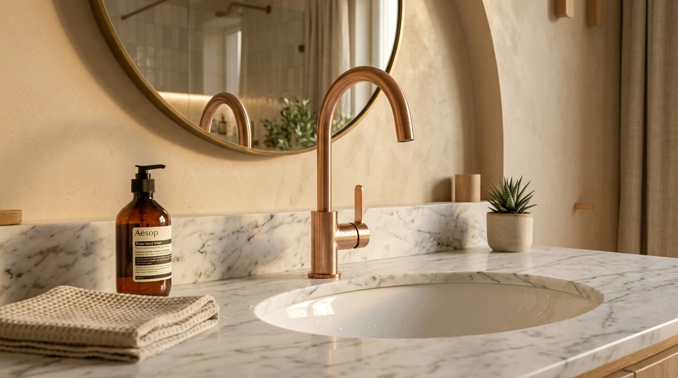 Lavabo de baño con grifería en oro rosa
