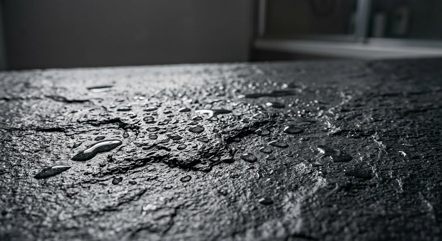 Detalle de la textura pizarra antideslizante de un plato de ducha de resina con gotas de agua