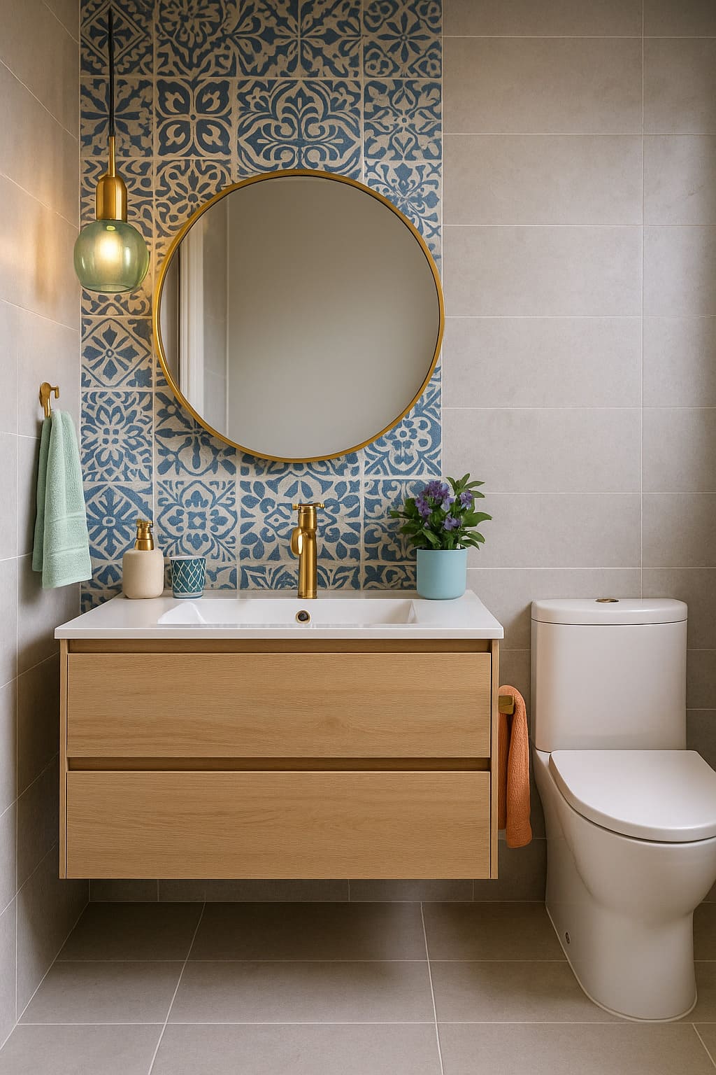 Baño con colores, azulejos y grifería dorada