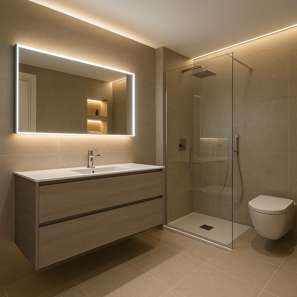 Baño moderno que tenga luz general LED empotrada en el techo