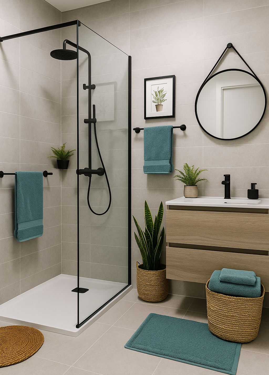  baño moderno con una mampara de cristal, perfileria minimalista en negro