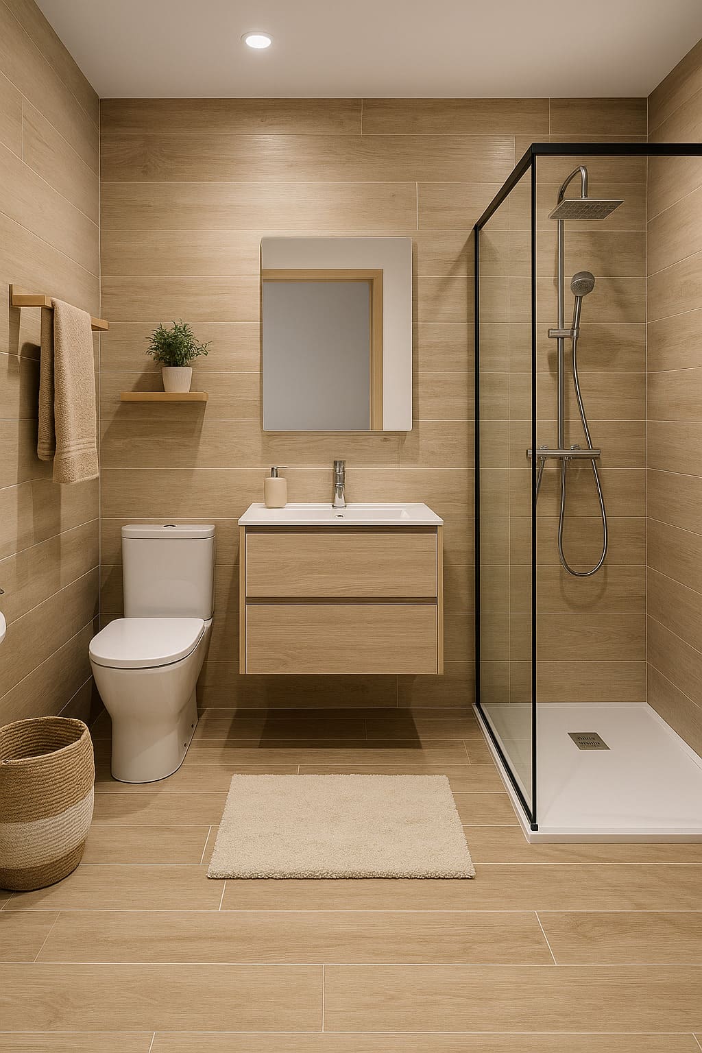 Revestimiento porcelánico imitación madera para la reforma de un baño