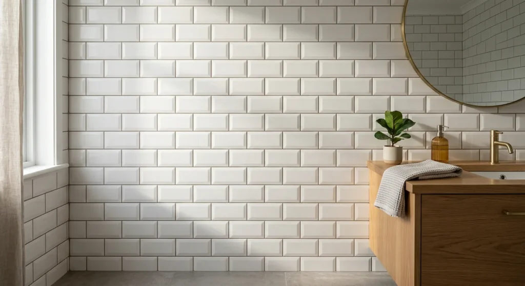Pared de baño revestida con azulejo tipo metro blanco biselado y junta gris
