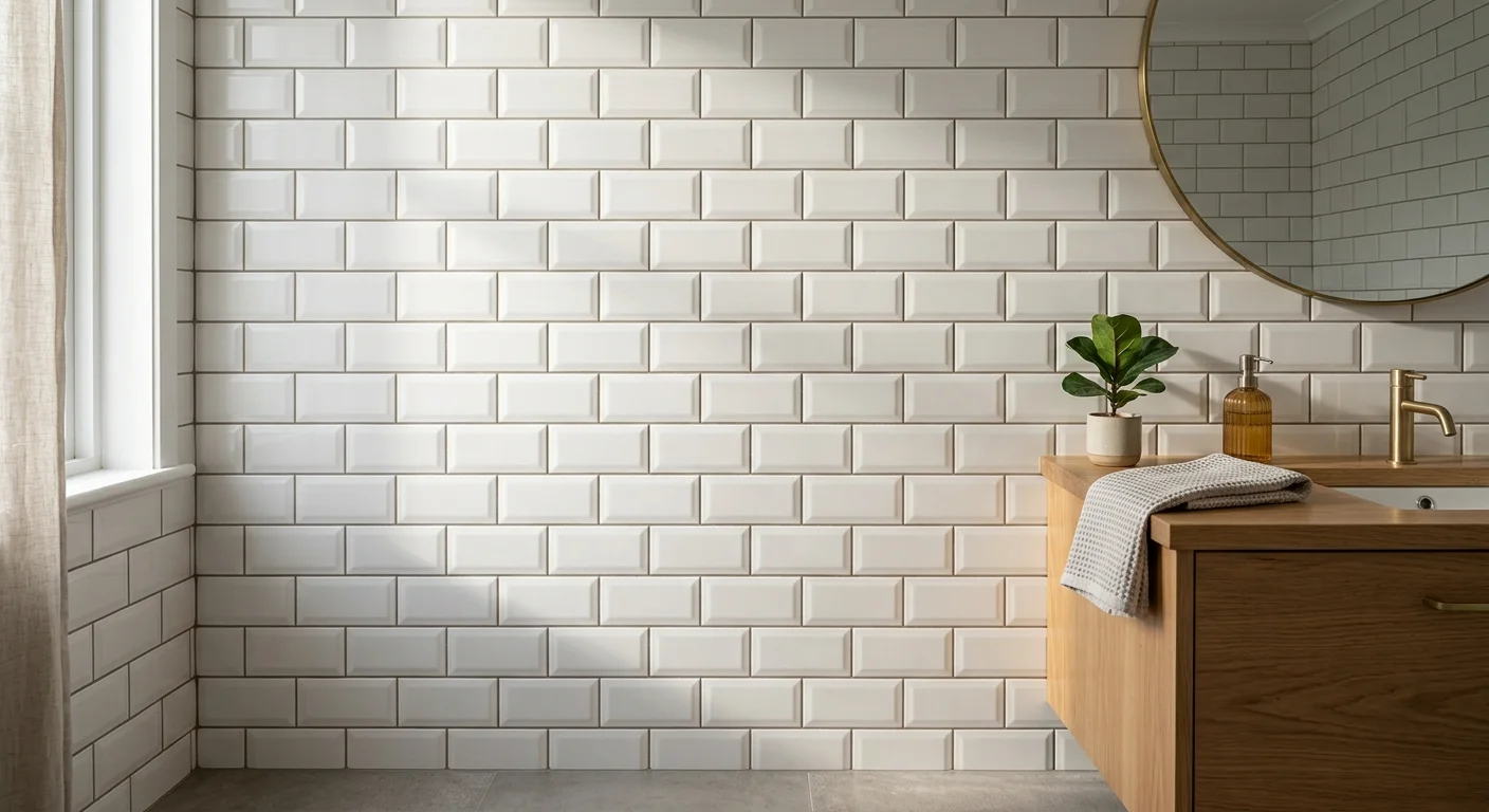 Pared de baño revestida con azulejo tipo metro blanco biselado y junta gris