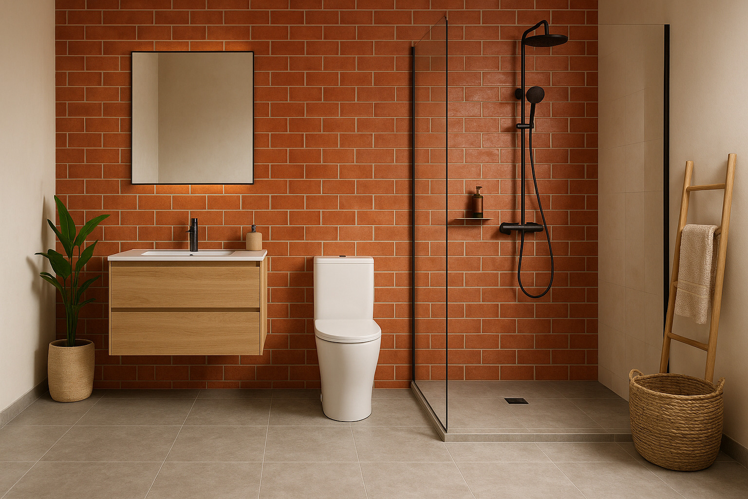 Combinación de un baño con suelo de gres porcelánico y pared de cerámica de pasta roja