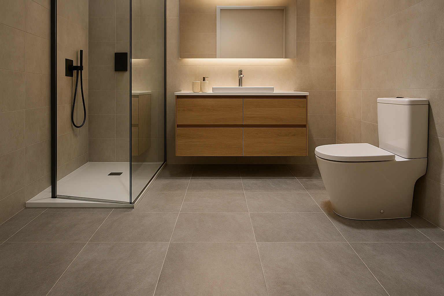 Gres porcelánico en el suelo de un baño elegante y moderno
