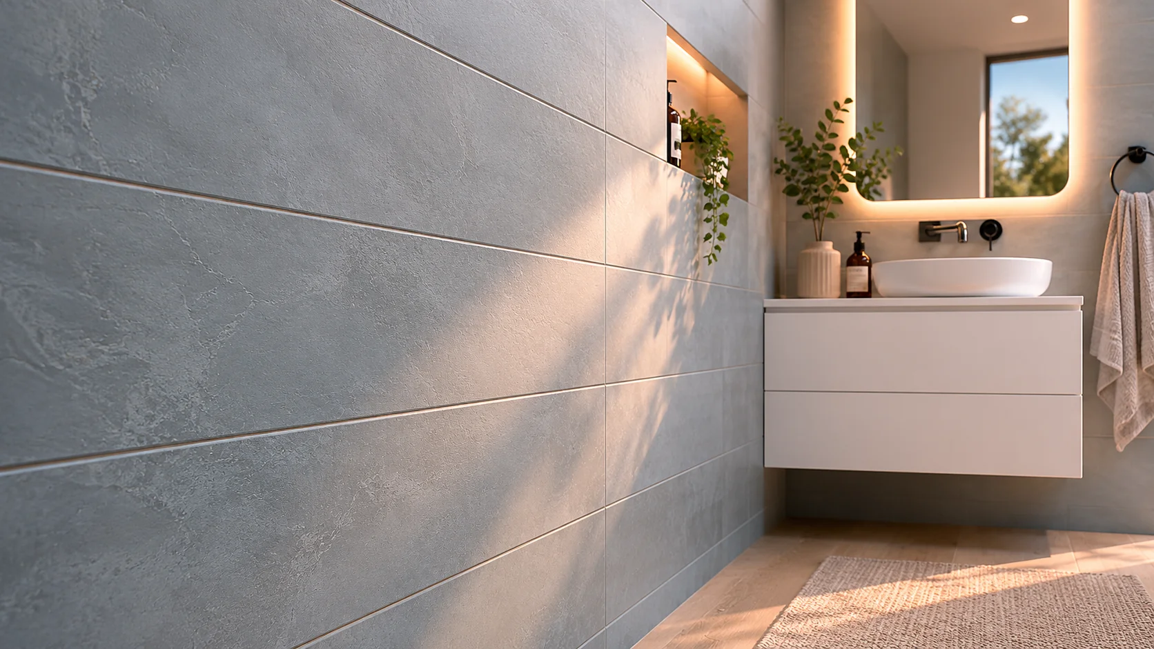 Azulejo horizontal con juntas estrechas para reformar un baño pequeño