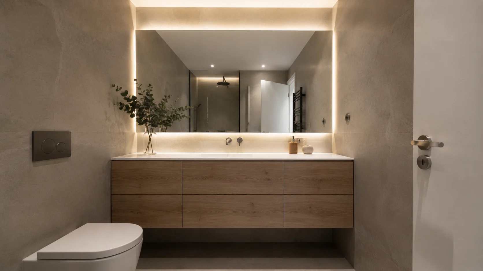 Espejo horizontal grande en un baño pequeño con mueble suspendido
