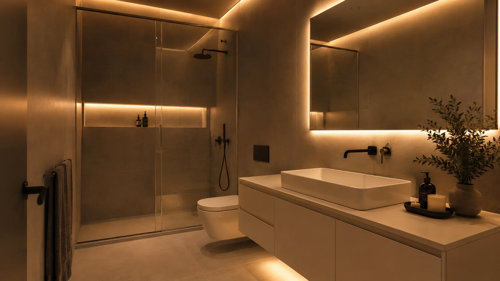 Iluminación cálida en un baño pequeño