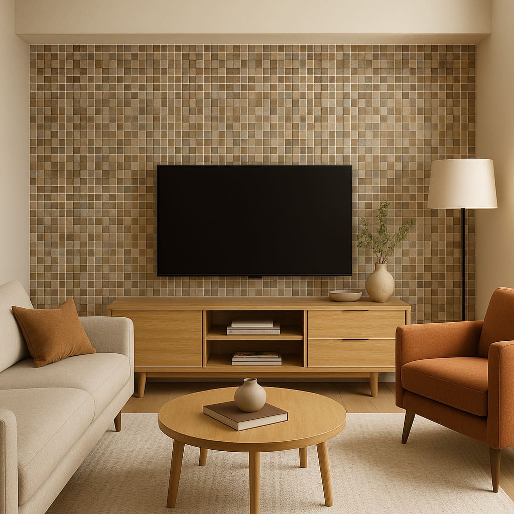 Pared de acento con mosaico porcelánico en salón de vivienda reformada en zona Universidad (Albacete)