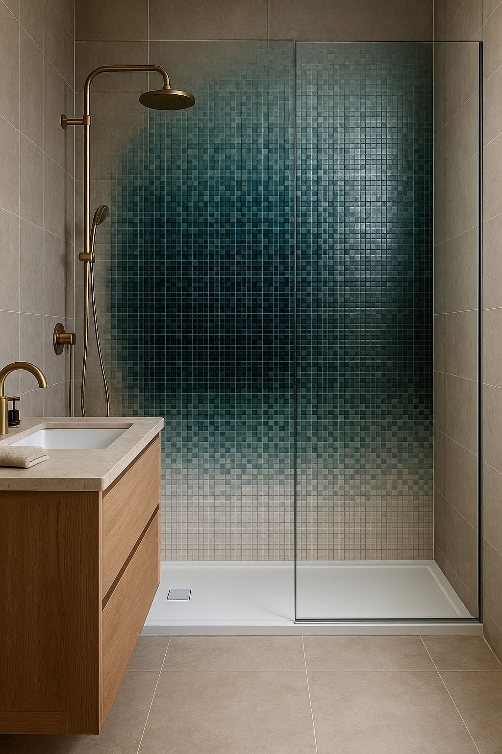 Detalle de mural en mosaico de vidrio en reforma de baño moderno en Imaginalia (Albacete)