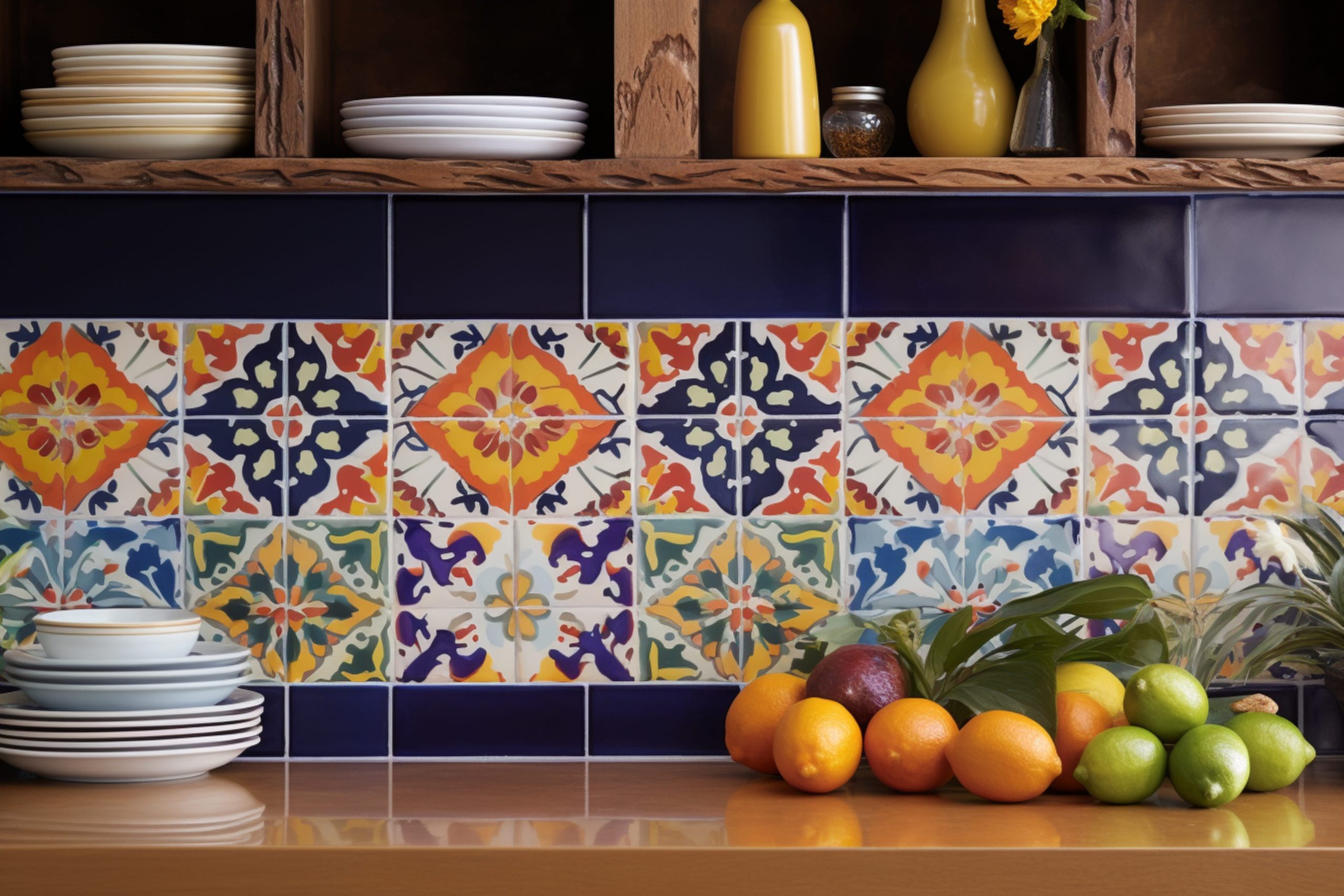Cocina con azulejos mosaicos en la encimera 