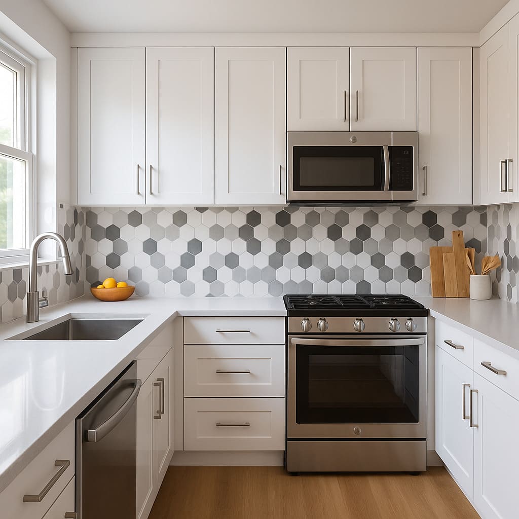 Mosaico cerámico blanco y gris instalado en cocina de vivienda en el Paseo de la Cuba 