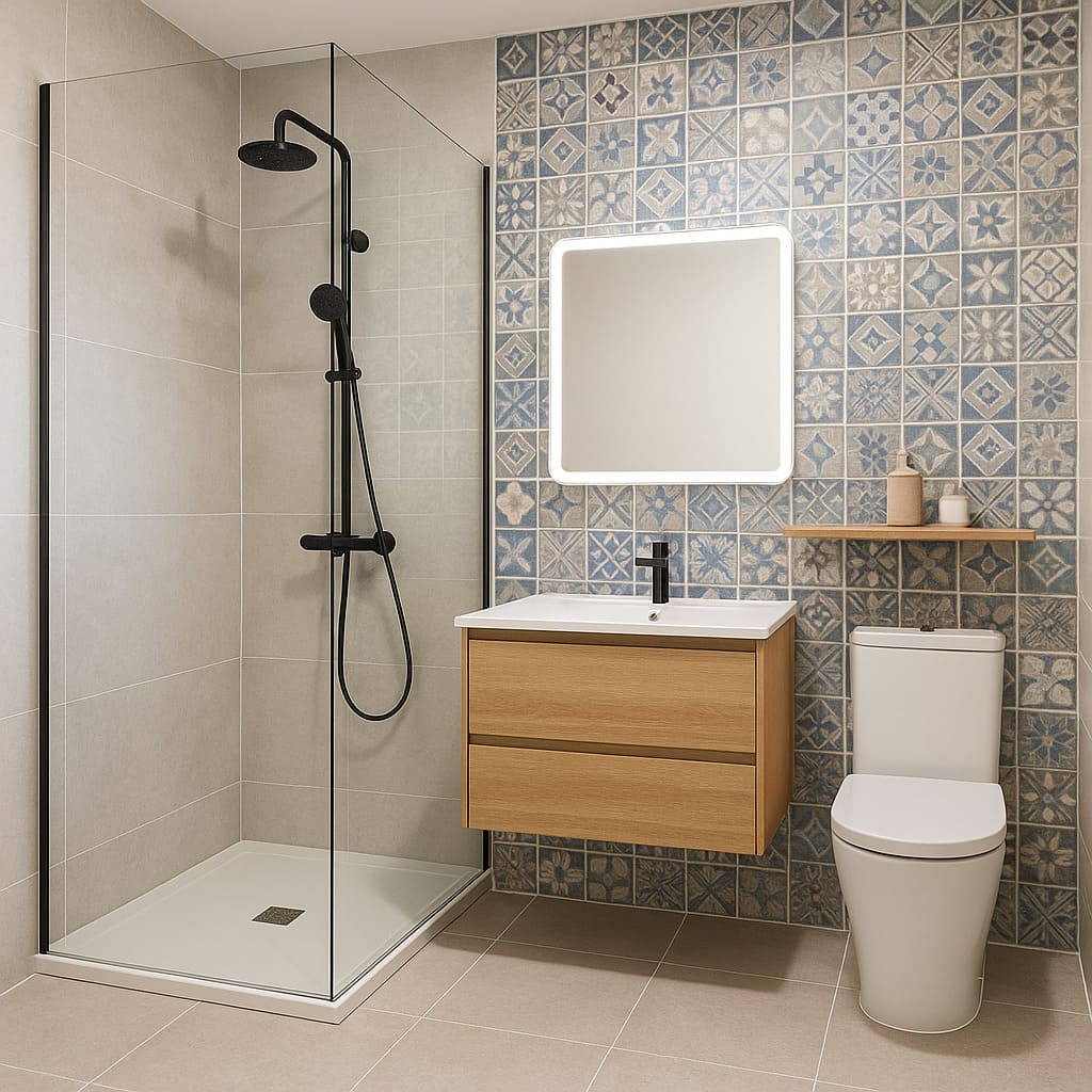 lavabo de mármol blanco con mueble suspendido y espejo retroiluminado