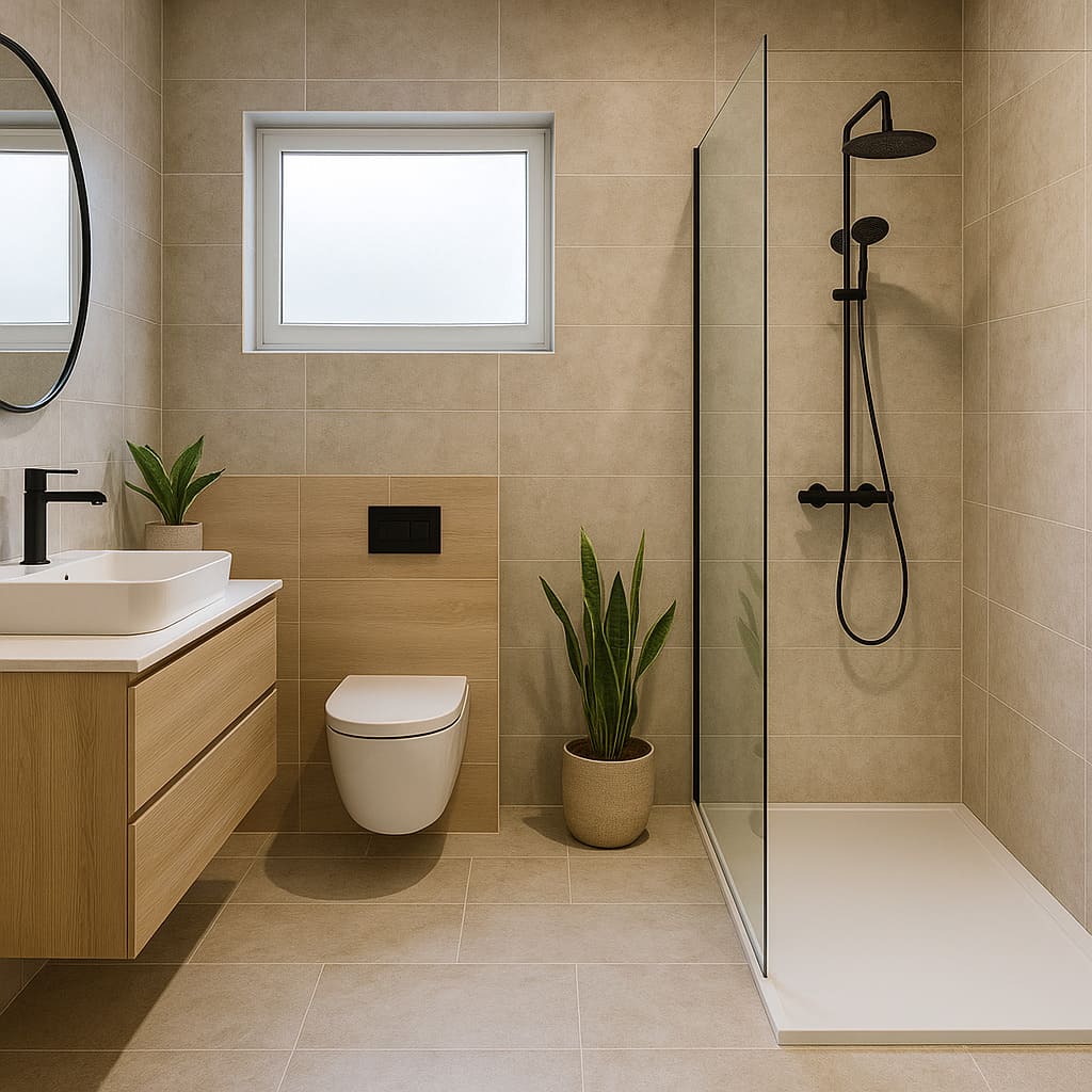 baño moderno con plato de ducha extraplano y mampara de cristal