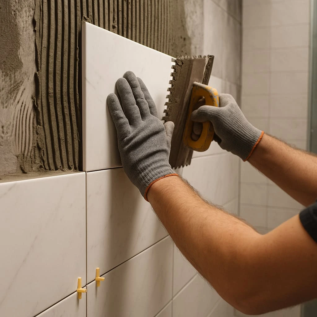 Colocación profesional de azulejos en la reforma de un baño en Albacete con herramientas de nivelación