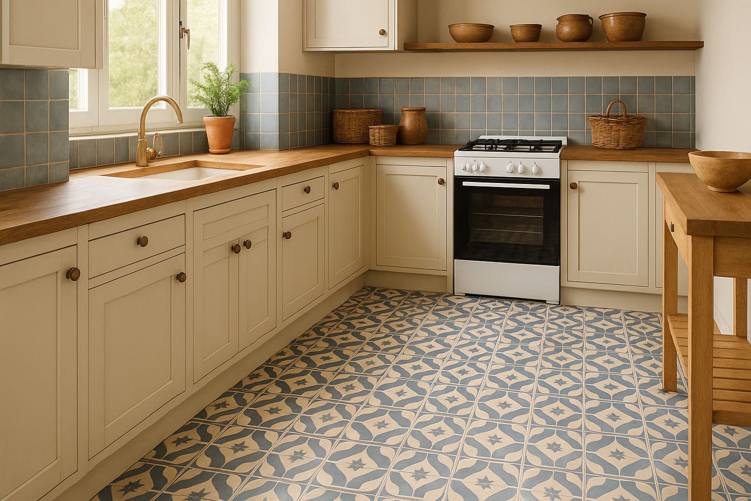 Suelo de baldosa hidráulica en una cocina cerrada de estilo mediterráneo
