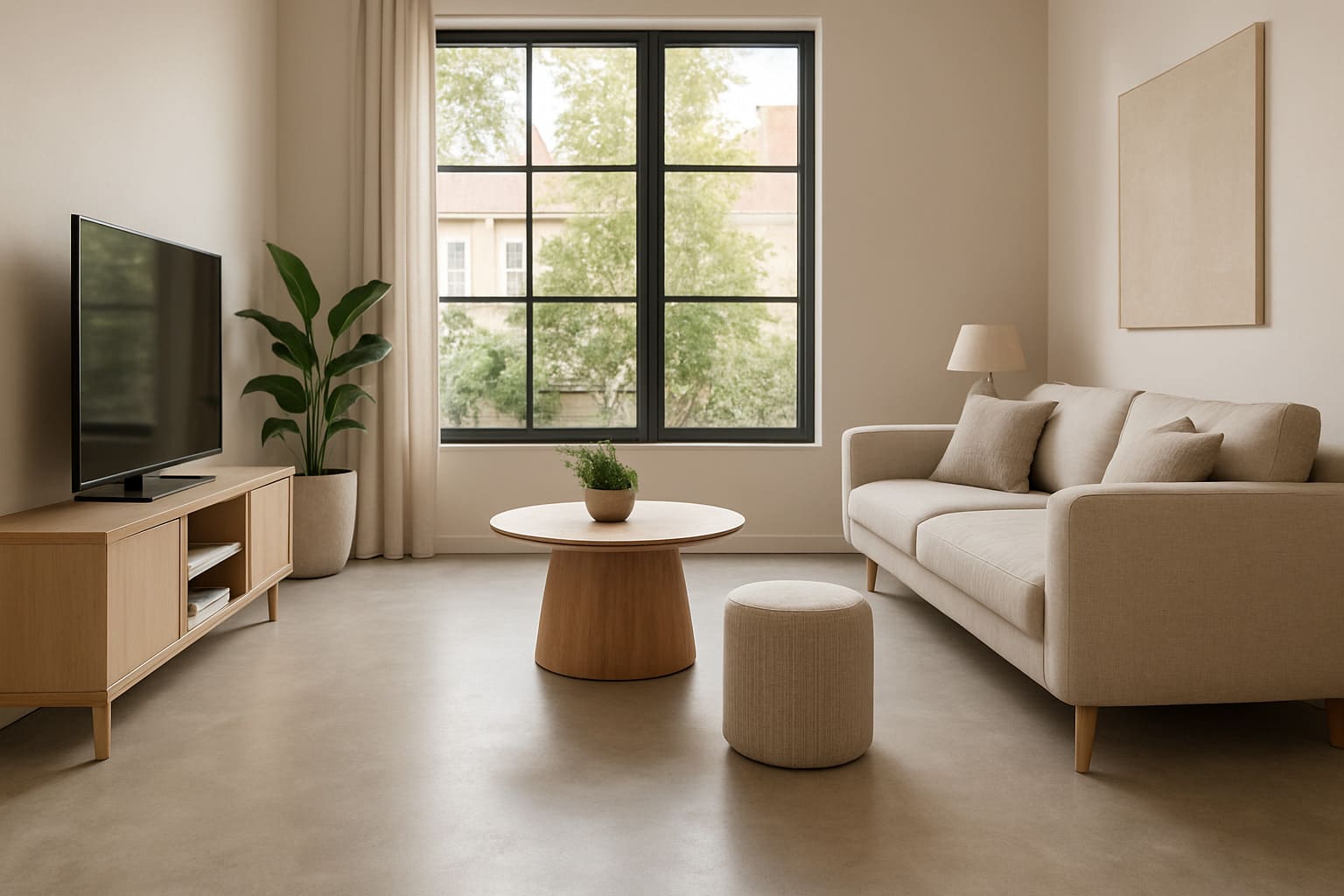 Suelo de microcemento en tono neutro salón de una vivienda