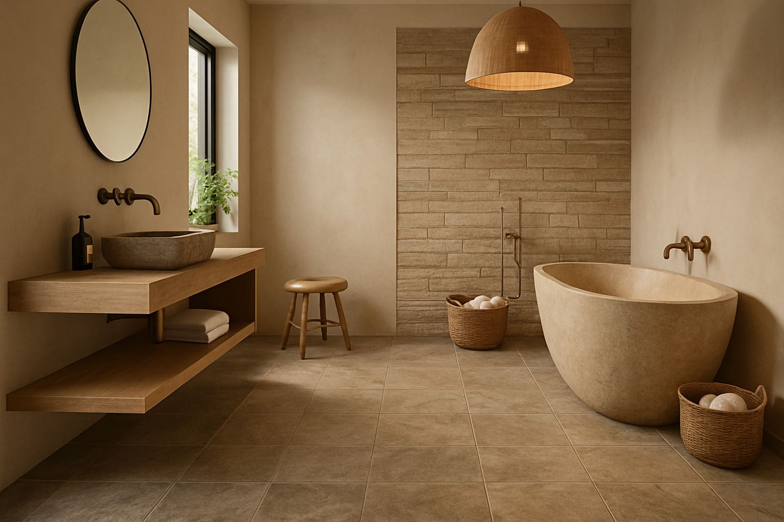 Suelo de piedra natural tratada en un baño tipo spa o rustico con una estética elegante