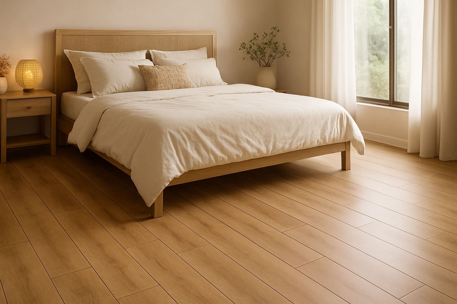 Suelo porcelánico de imitación madera de formato tipo lama y cálido en un dormitorio natural y elegante.