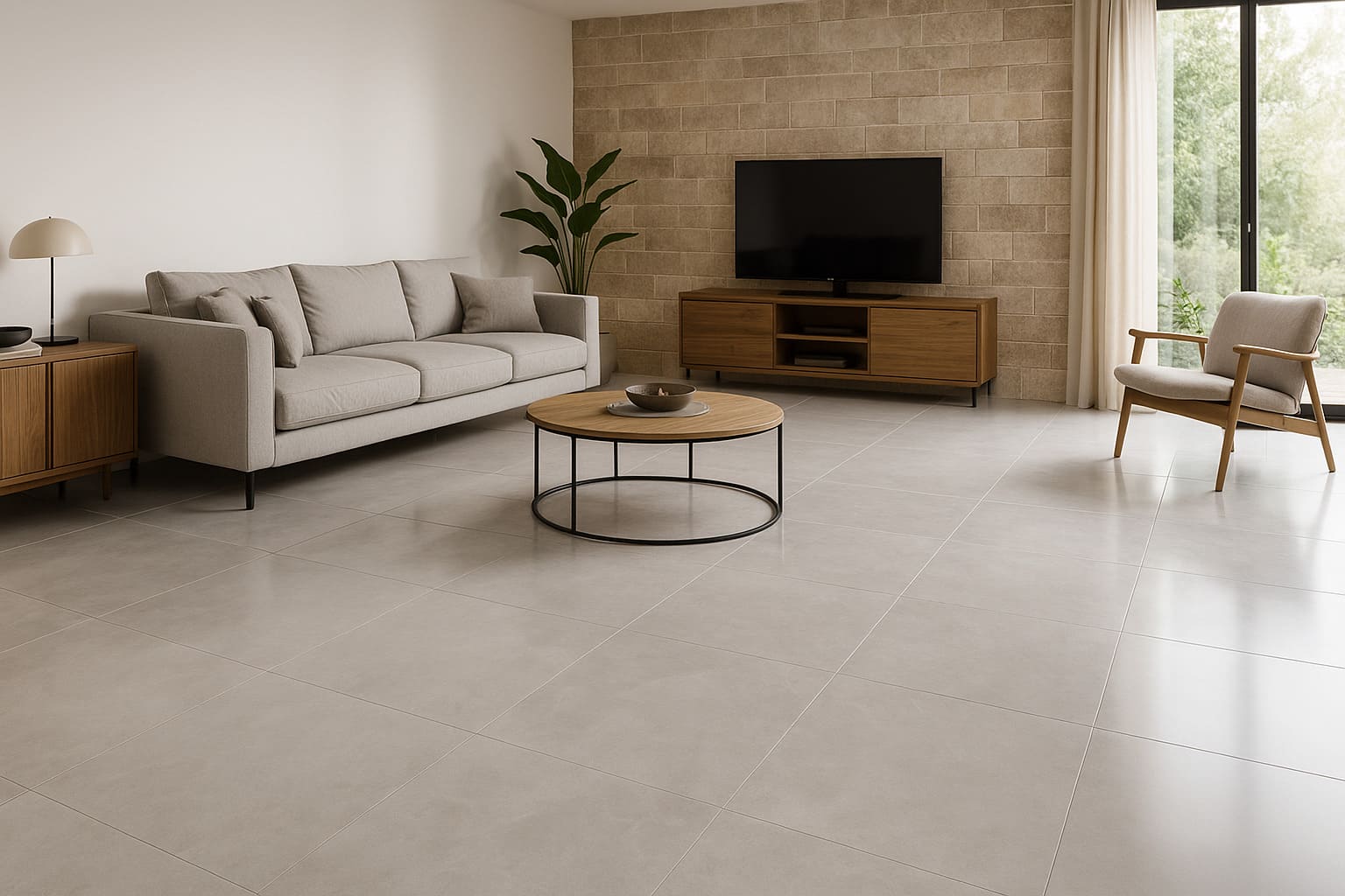 Suelo porcelánico rectificado en gran formato salón amplio de una vivienda