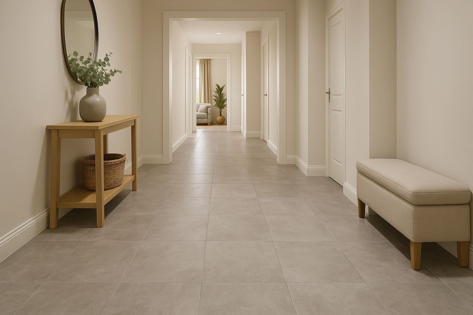 Suelo porcelánico rectificado en un recibidor y pasillo de una vivienda en acabado piedra. Es estilo de la vivienda, recibidor y pasillo debe ser neutra y bonita