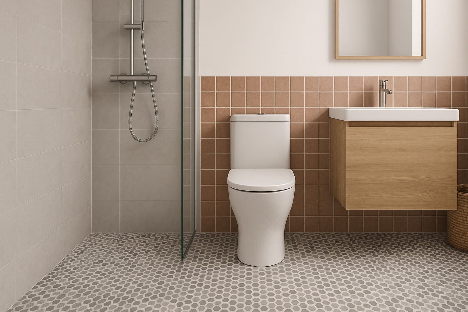 Suelo de mosaico cerámico en un baño pequeño