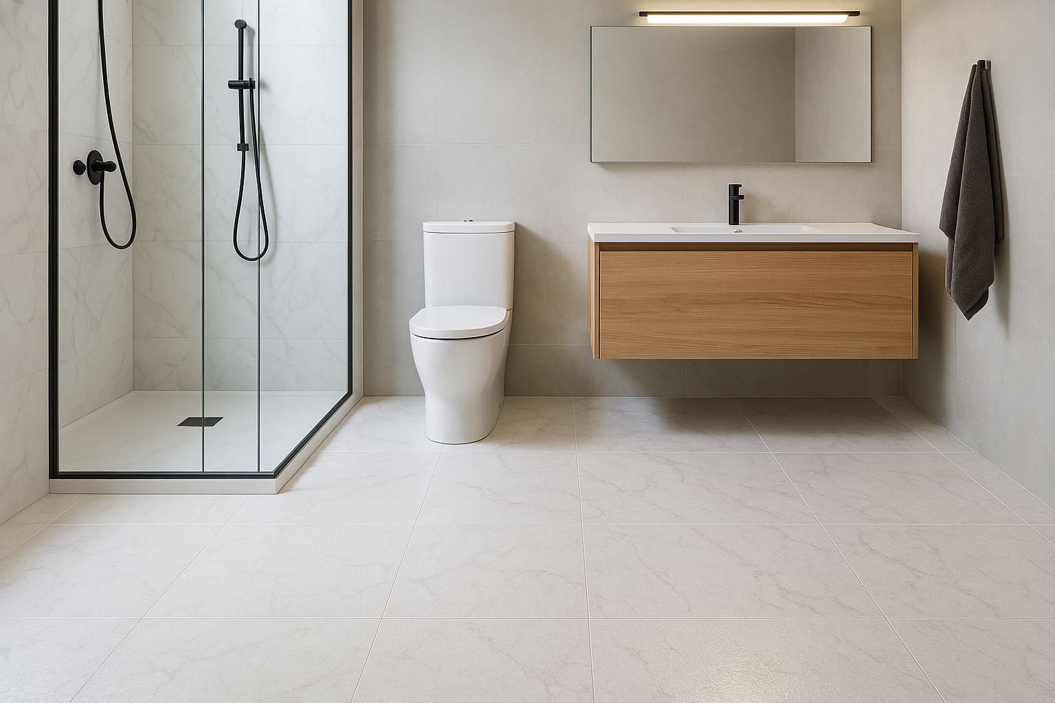 Suelo porcelánico antideslizante C3 acabado en mármol en un baño completo con una estética moderna