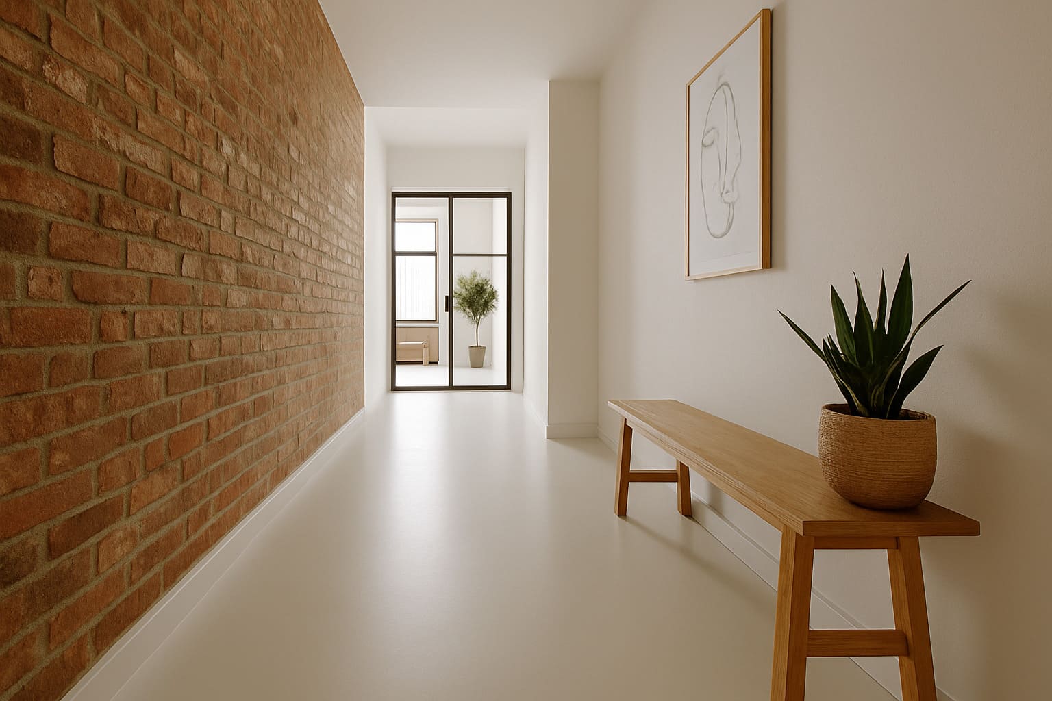 Suelo de pavimento continuo (resina epoxi) en el pasillo corto de una vivienda estilo minimalista loft