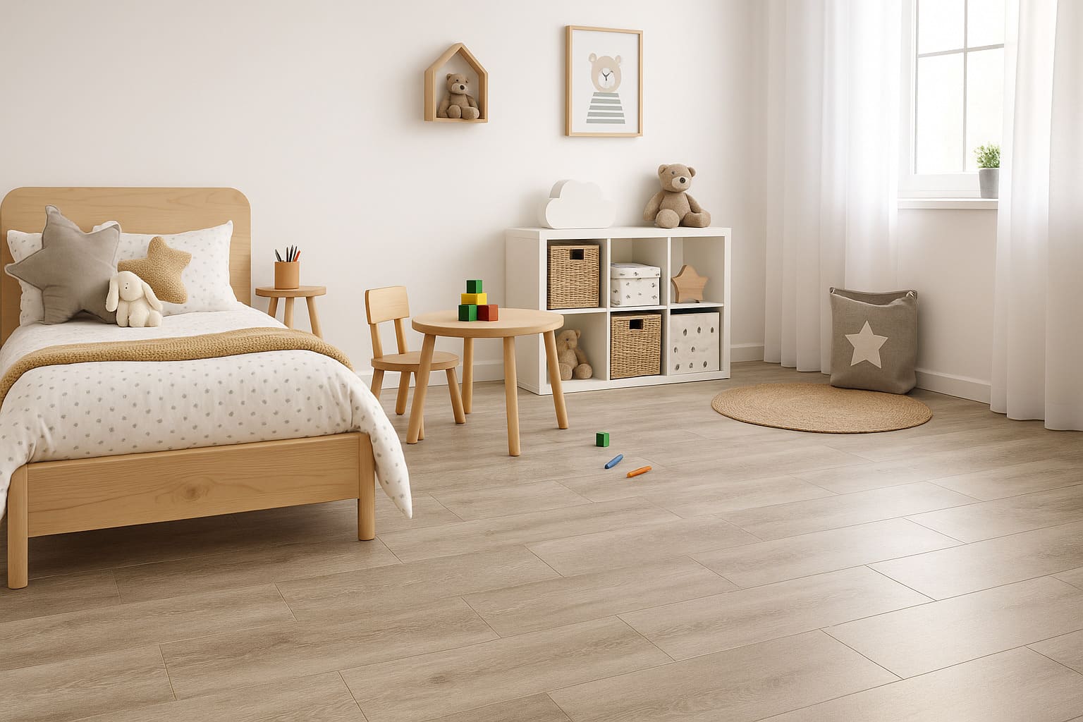 Suelo vinílico texturizado (SPC o LVT) en un dormitorio infantil