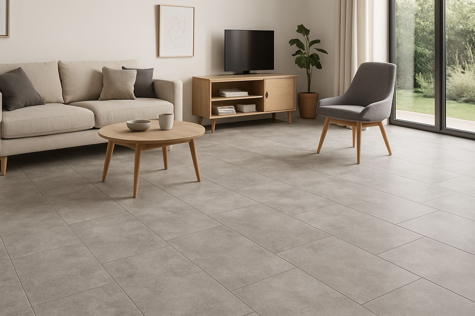 Vinílico SPC (Stone Polymer Composite) que imite a piedra en un salón de una vivienda