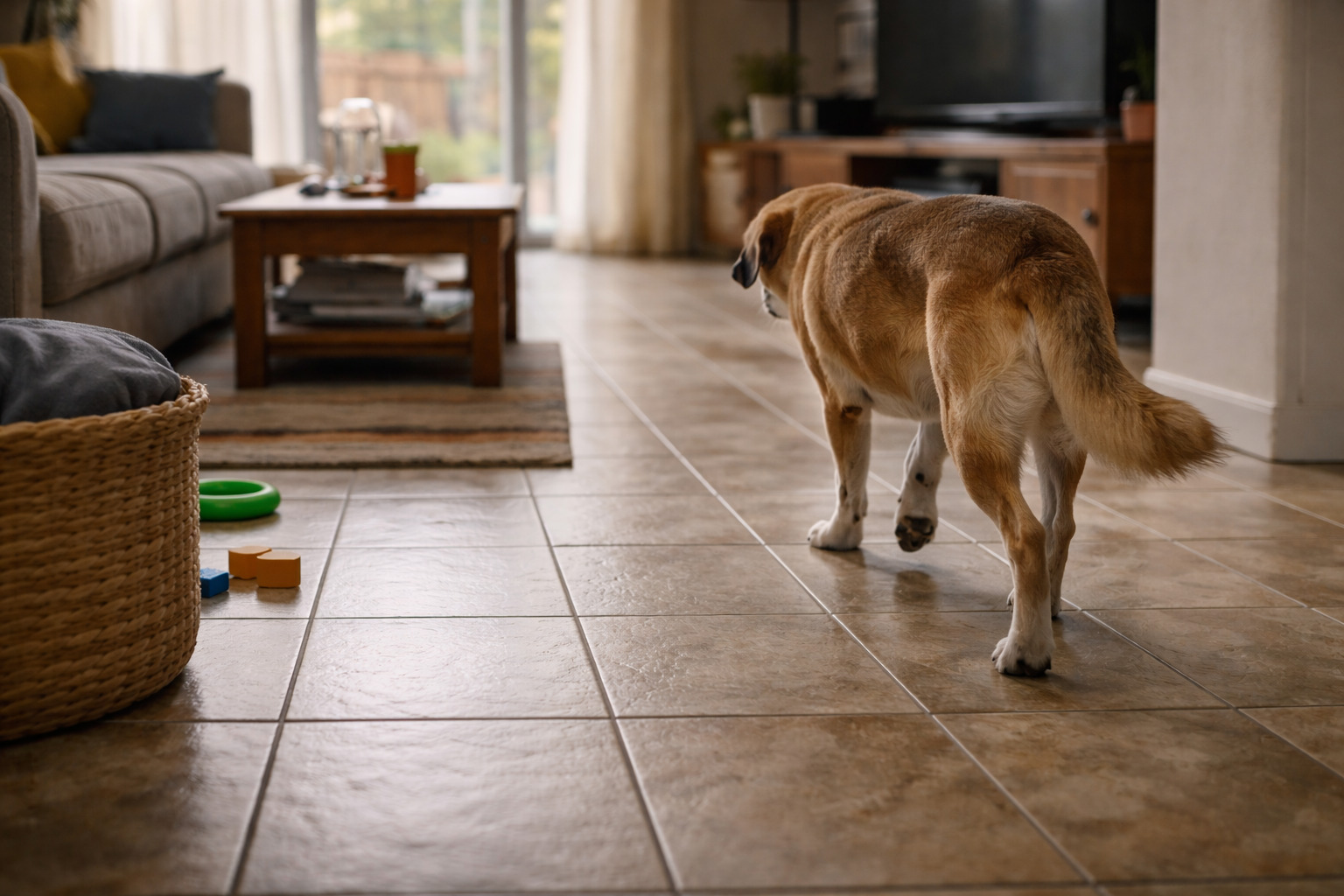 Perro caminando sobre suelo cerámico
