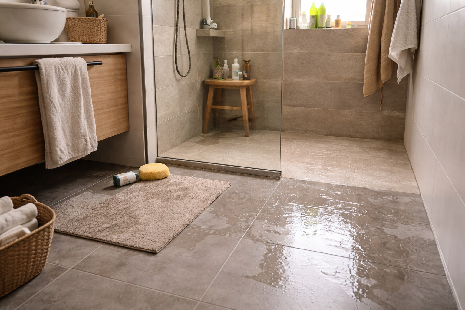 Baño moderno con ducha y detalles cálidos