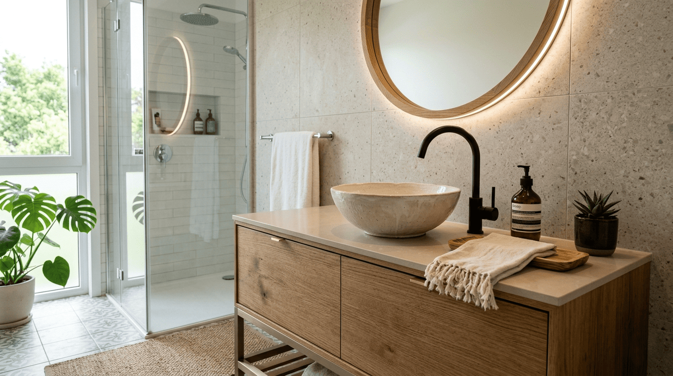 Baño con un mueble con lavabo bol cerámico apoyado sobre la encimera del mueble