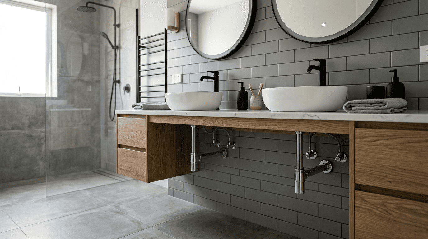 Mueble con dos lavabos integrados sobre encimera en un mueble de entre 160 cm de longitud. Requiere doble acometida de agua fría y caliente y doble desagüe