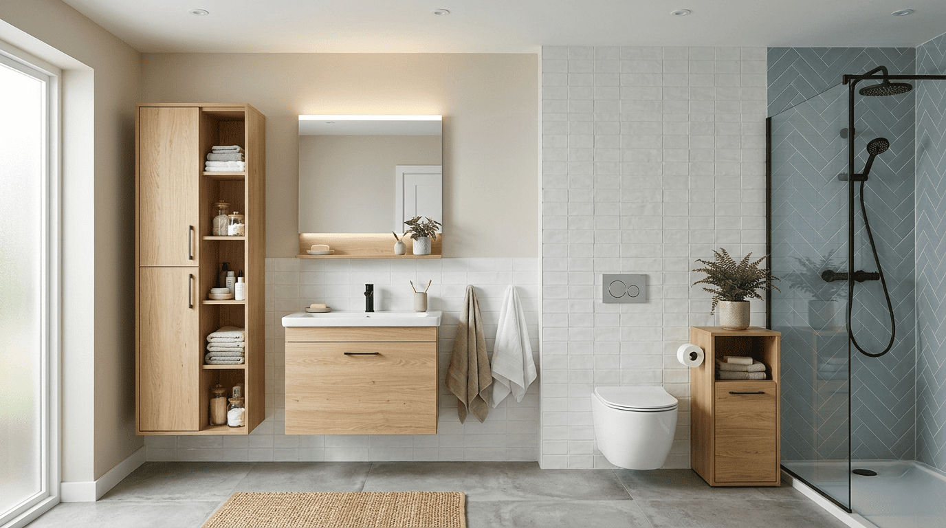 Baño que tenga un mueble principal aportando almacenaje vertical. Las columnas de baño son la solución más eficiente para ganar espacio de almacenaje sin ocupar superficie de suelo. Se pueden instalar suspendidas o con pie. Los muebles auxiliares de menor altura (entre 40 y 80 cm) van bien junto al inodoro o en rincones del baño donde no cabe una columna completa. Son los elementos donde más se puede ahorrar sin que afecte al resultado global, siempre que el acabado case bien con el resto del mobiliario.