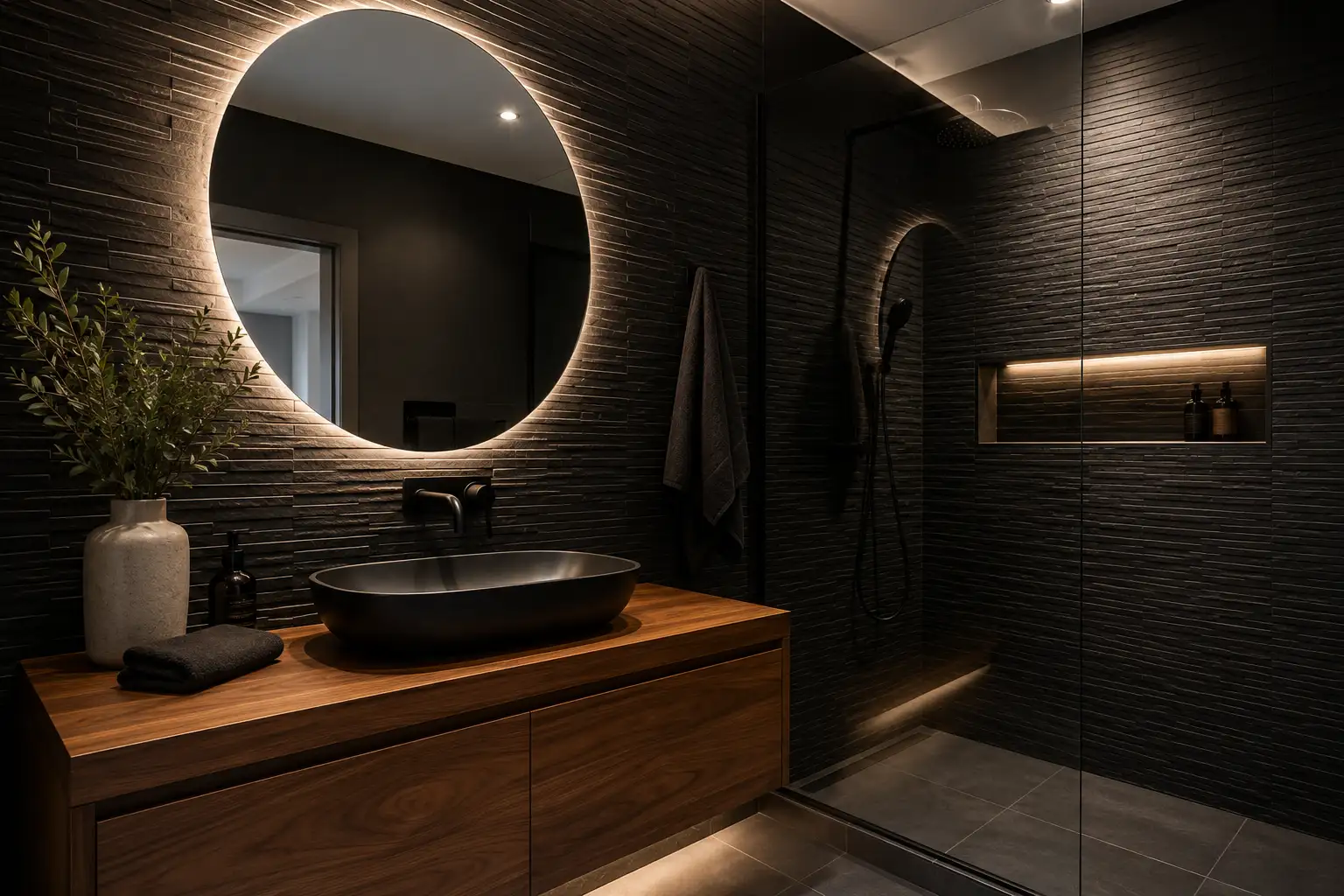 Baño reformado en color negro y tonos tierra