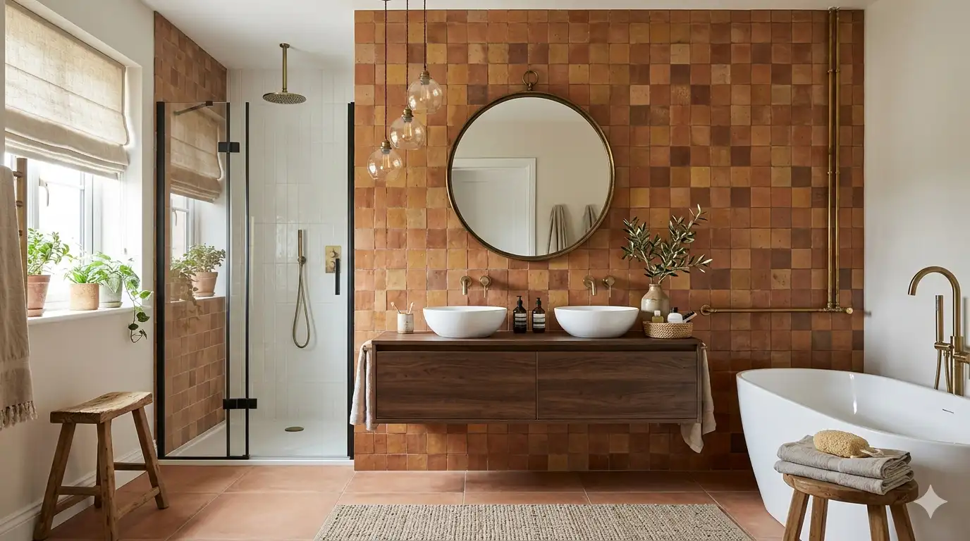 Baño en tonos terracota estilo mediterráneo