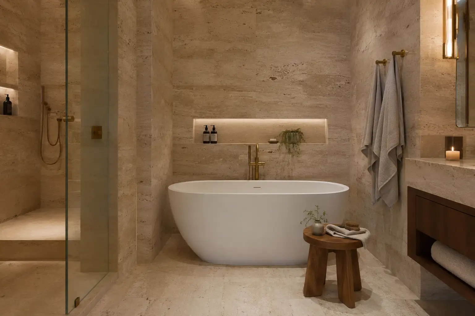 Baño reformado con Piedra natural: travertino, mármol y caliza