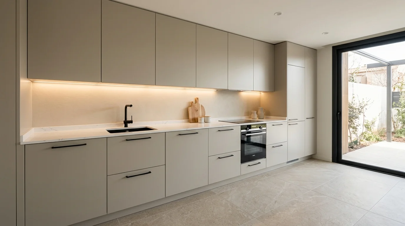 Cocina con blancos rotos beige y greige
