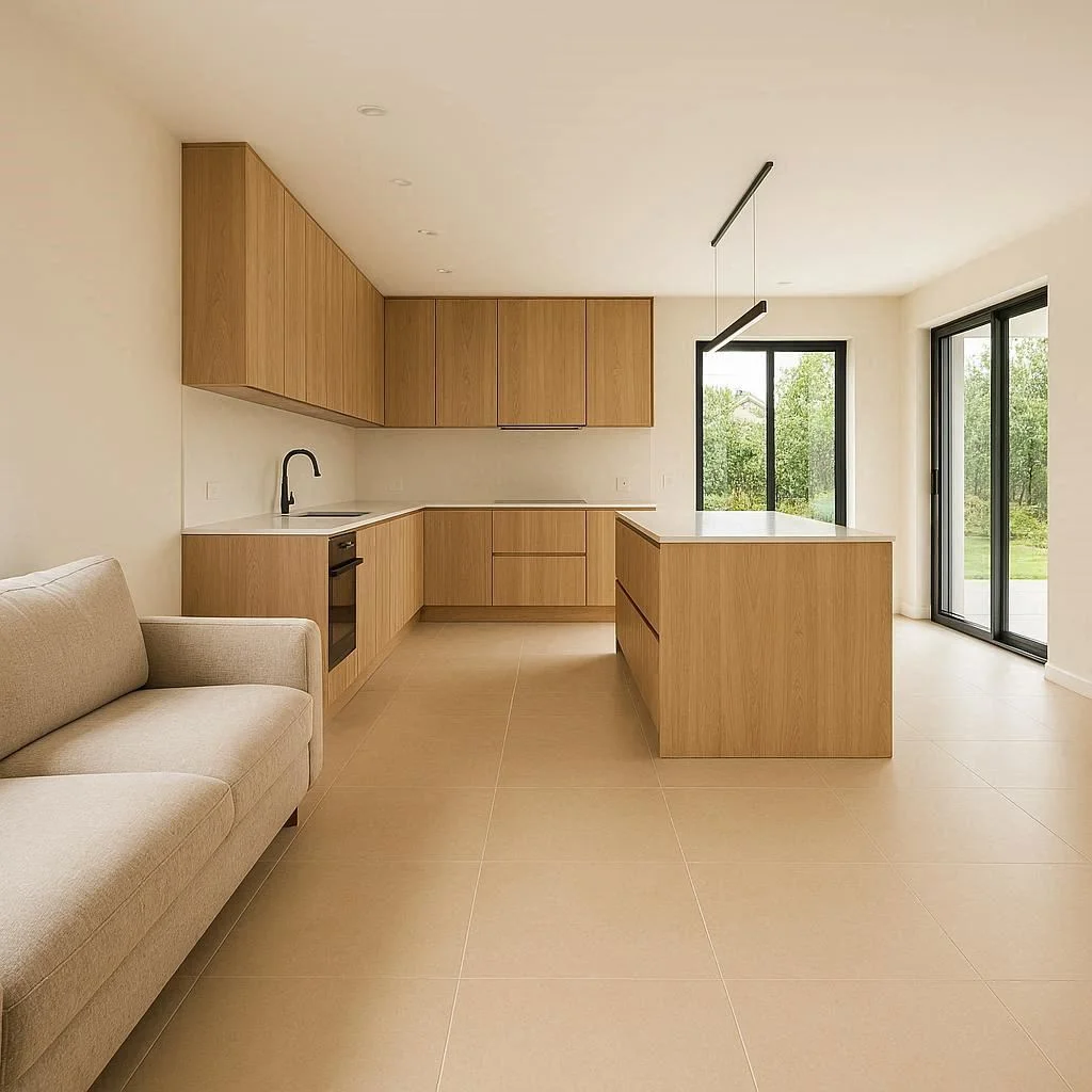 Fotografía de cocina abierta al salón con suelo continuo de gres porcelánico de gran formato