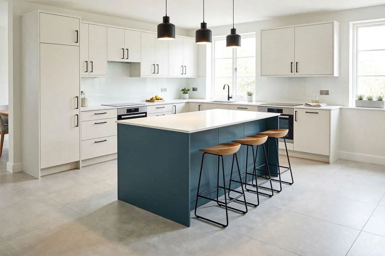 Reforma de cocina con isla en color azul cromo