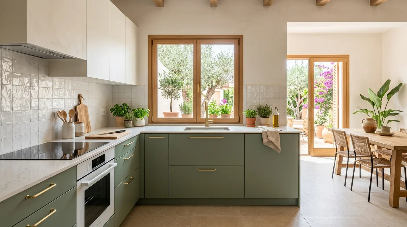Cocina moderna blanca y muebles en verde salvia y oliva