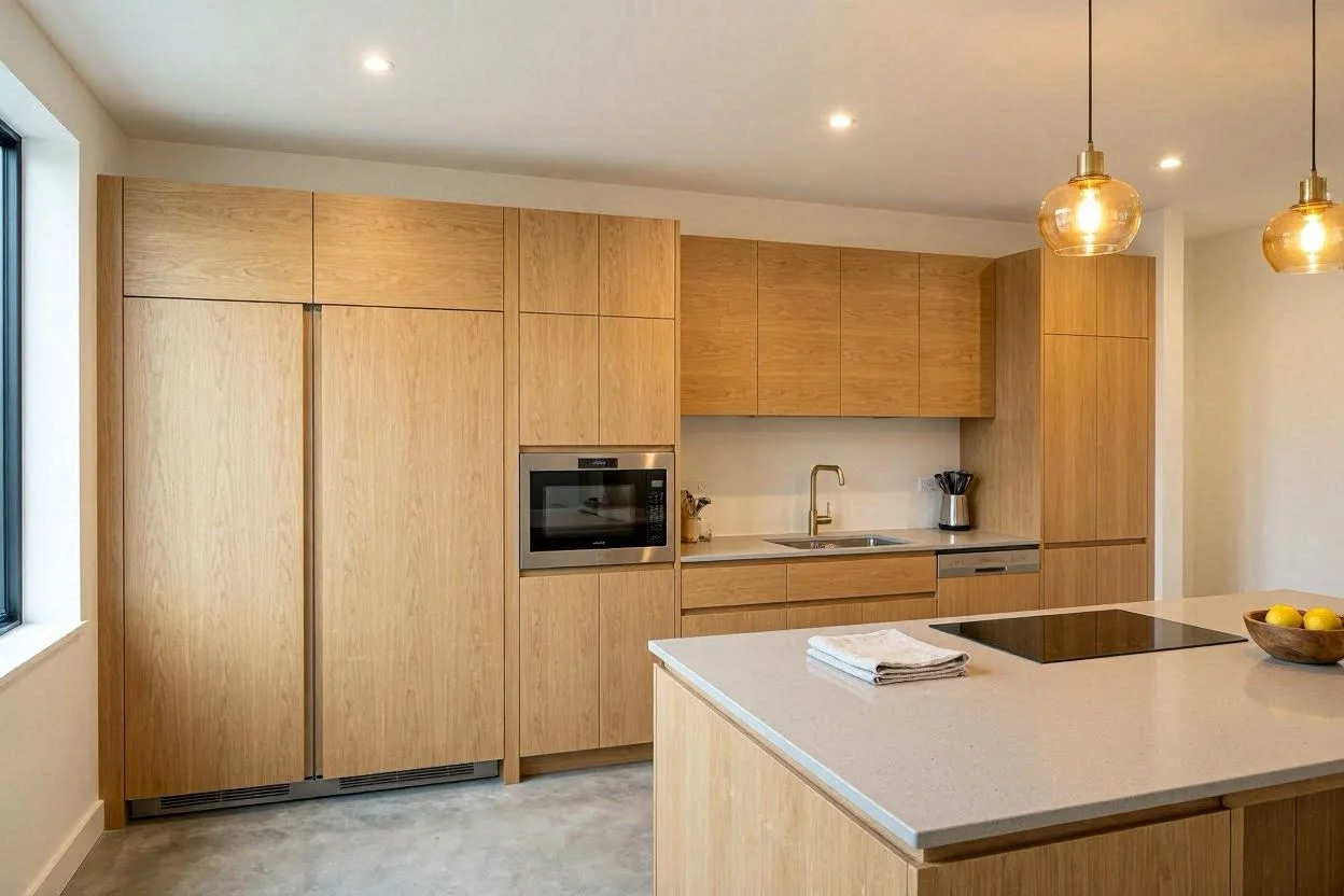 Fotografía de cocina con todos los electrodomésticos integrados detrás de frentes en roble natural mate, lavavajillas con frente coordinado cerrado, nevera americana integrada de altura completa con frente de madera, microondas integrado en columna de madera, cocina visualmente limpia sin electrodomésticos a la vista