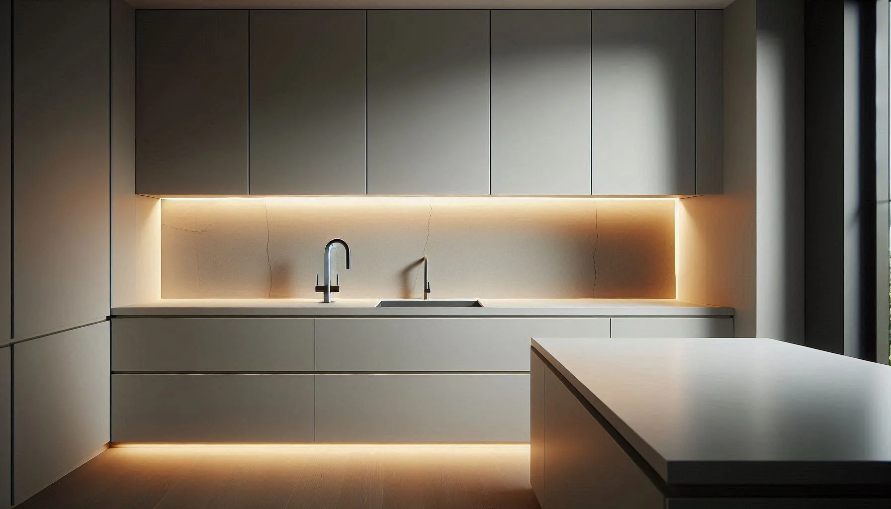 Fotografía de cocina con salpicadero de panel continuo en porcelánico gris claro sin juntas visibles, efecto monolítico, encimera de cuarzo blanco con canto fino, grifo de cuello alto en negro mate, muebles lacados en blanco roto mate