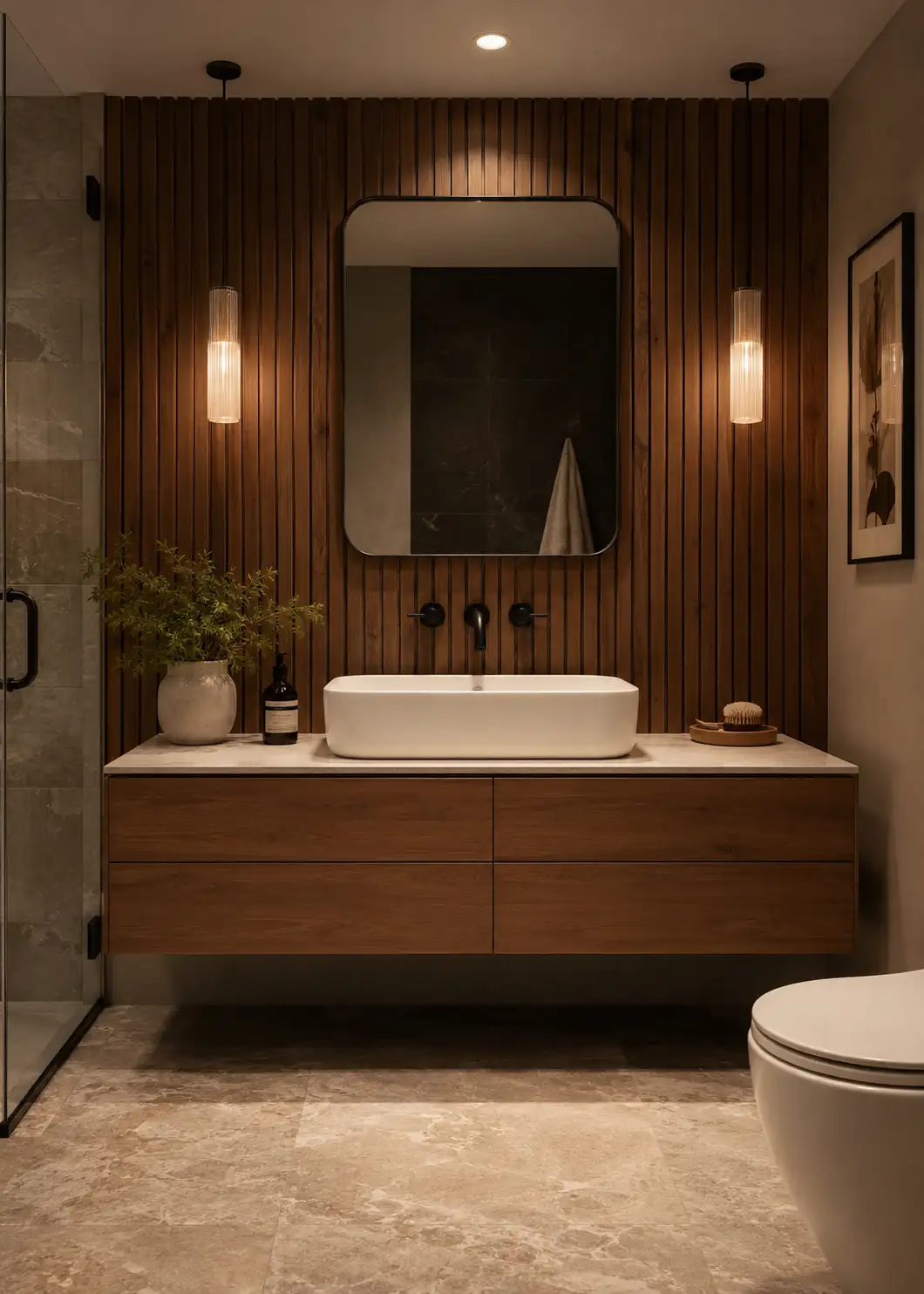 Baño revestido con Madera tratada para zonas húmedas