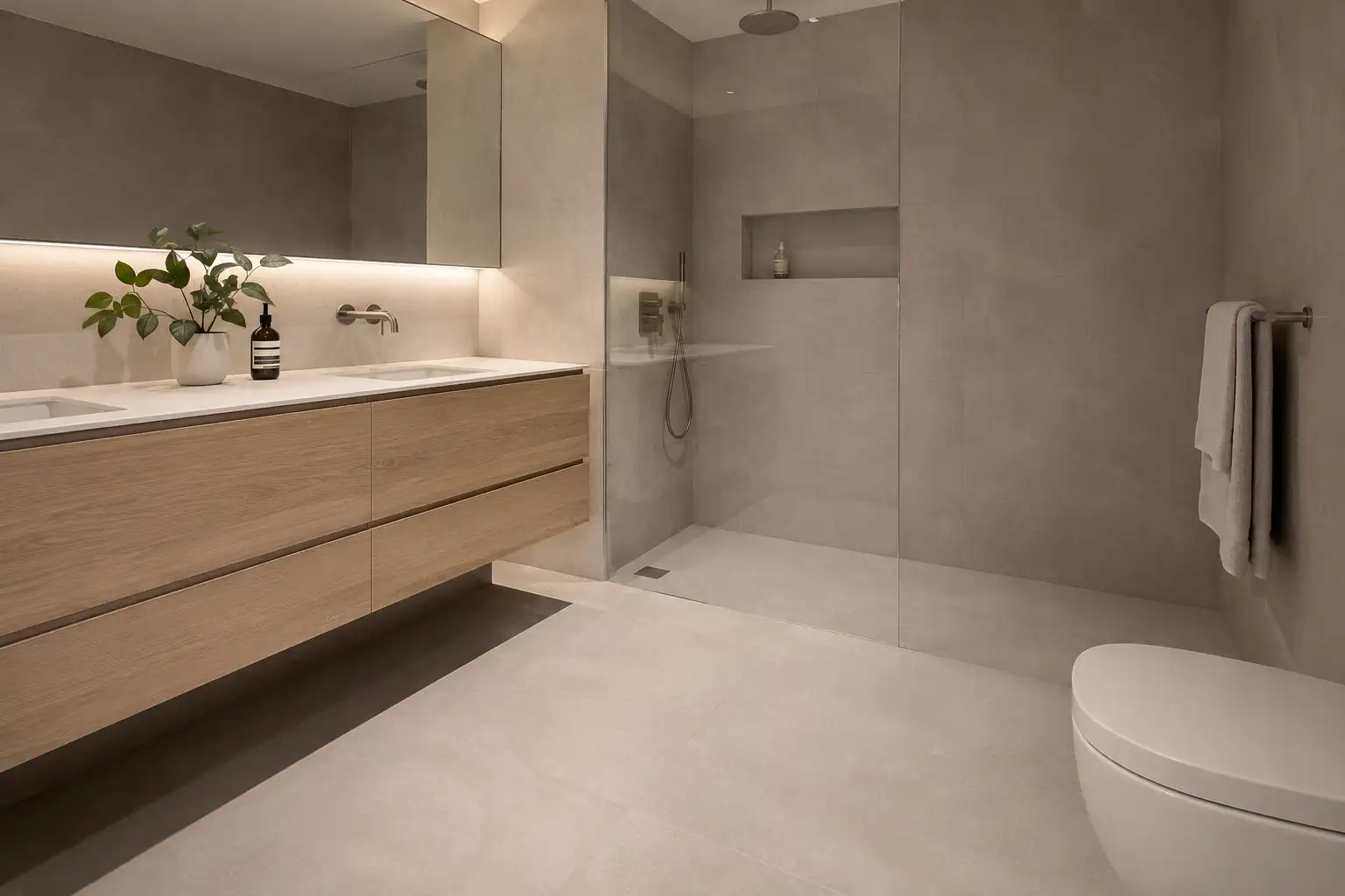 Baño con porcelánico de gran formato en un acabado mate