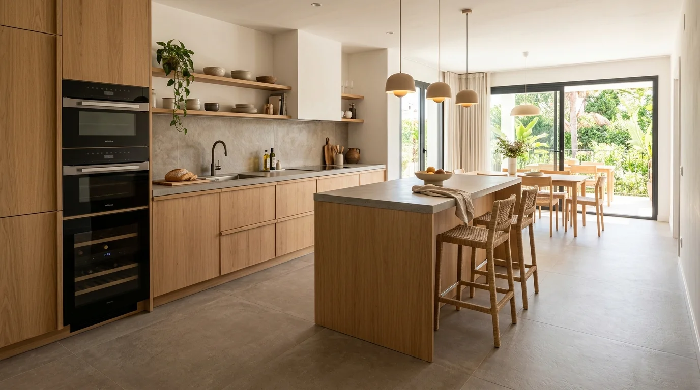 Cocina con suelo gres porcelánico mate natural
