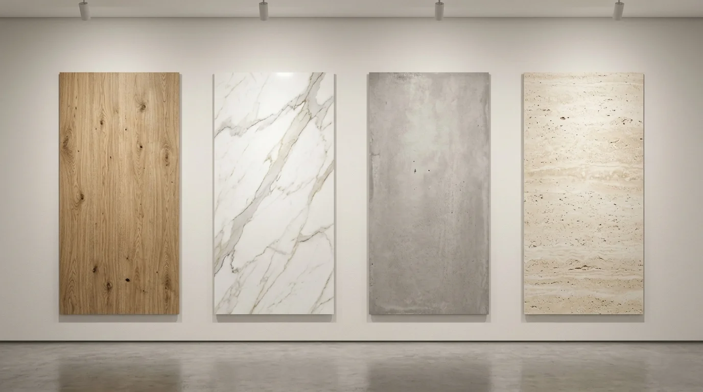Fotografía de cuatro baldosas de gres porcelánico de gran formato expuestas en fila vertical sobre pared neutra, de izquierda a derecha efecto madera de roble, efecto mármol blanco con vetas, efecto cemento gris y efecto piedra travertino beige